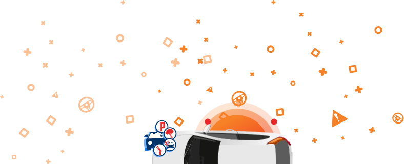 Grafika havarovaného vozu s ikonami poškození při parkování, nárazu do stromu a srážky na oranžovém pozadí.