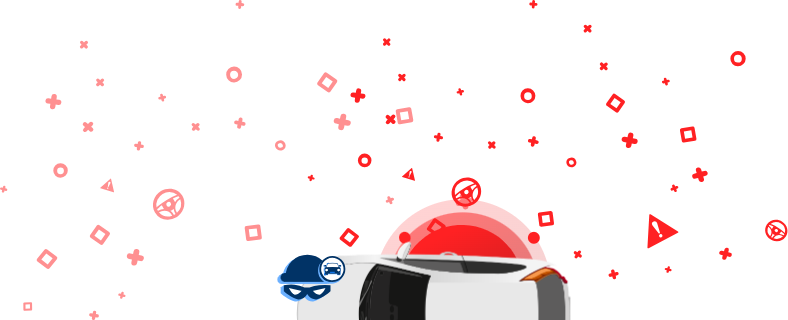 Ilustrace zobrazující auto omotané páskou, masku zloděje a čepici s ikonou auta na červeném pozadí.