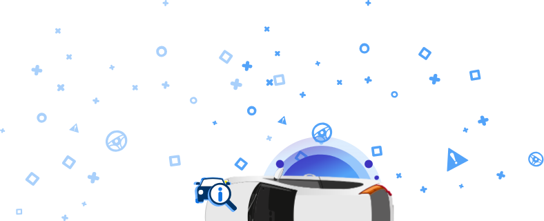 Ilustrace zobrazující bílé auto shora s modrými ikonami kolem a nápisem VIN.