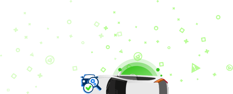 Bílé auto při pohledu shora a ikony kolem včetně nápisu „DEJTE POZOR“, symbolu „VIN“ a dalších auto-moto symbolů.