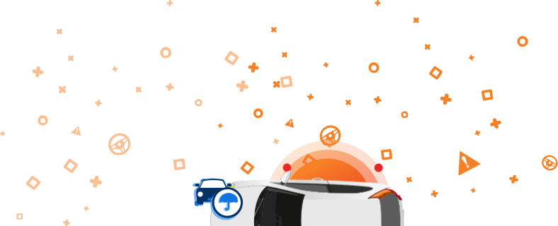 Bílé auto při pohledu shora s oranžovými ikonami včetně nápisu „DEJTE POZOR“, „VIN“ a dalších auto-moto symbolů.