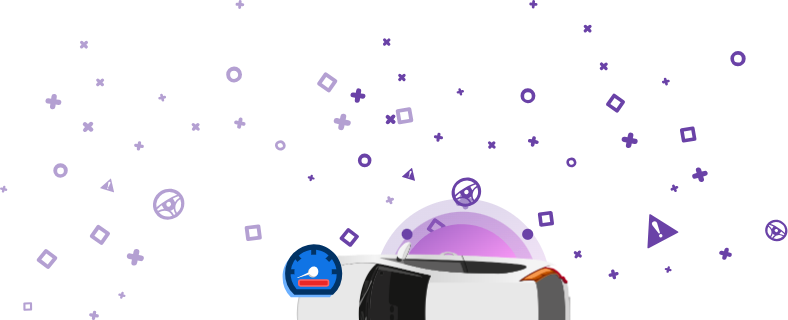 Ilustrace zobrazující poškozené vozidlo s tachometrem s červeným pruhem na fialovém pozadí.