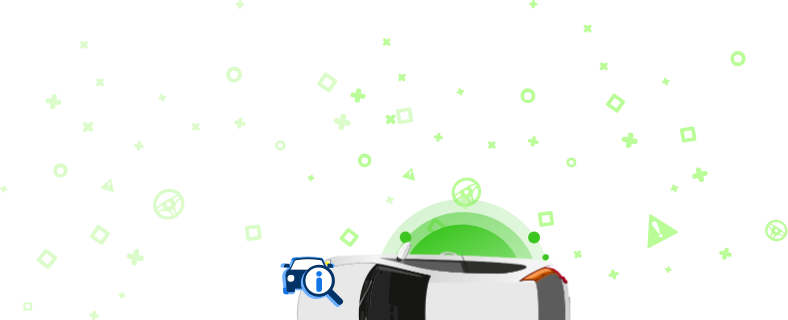 Ilustrace automobilu s lupou zobrazující informační ikonu na zeleném pozadí s ozdobnými prvky.