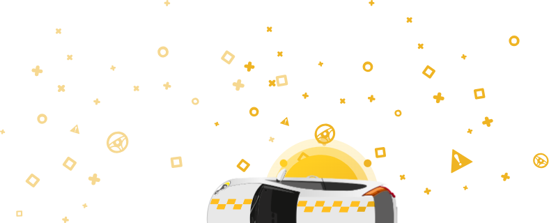 Obrázek auta s nápisem taxi nahoře, na žlutém pozadí s geometrickými prvky.