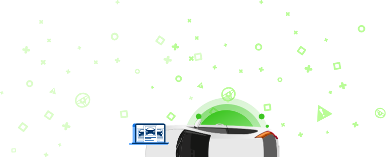 Ilustrace auta s notebookem zobrazujícím snímky vozidla a zelené pozadí s geometrickými prvky.