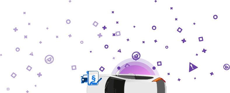 Ilustrace vozidla s dokumentem se symbolem paragrafu a podpisem na fialovém pozadí.