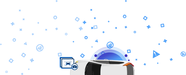 Ilustrace zobrazující poškozené vozidlo s ikonou fotoaparátu a ikonou auta na modrém pozadí s ozdobnými prvky.