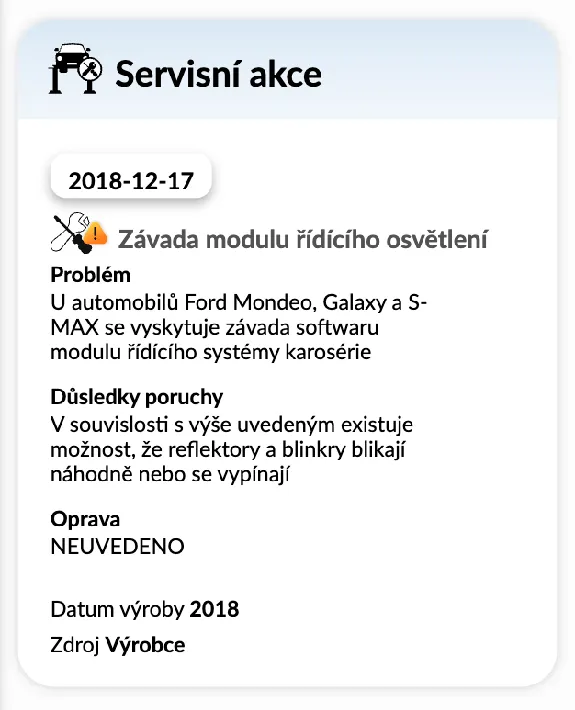 Zpráva o historii vozidla autoDNA - svolávací akce výrobců