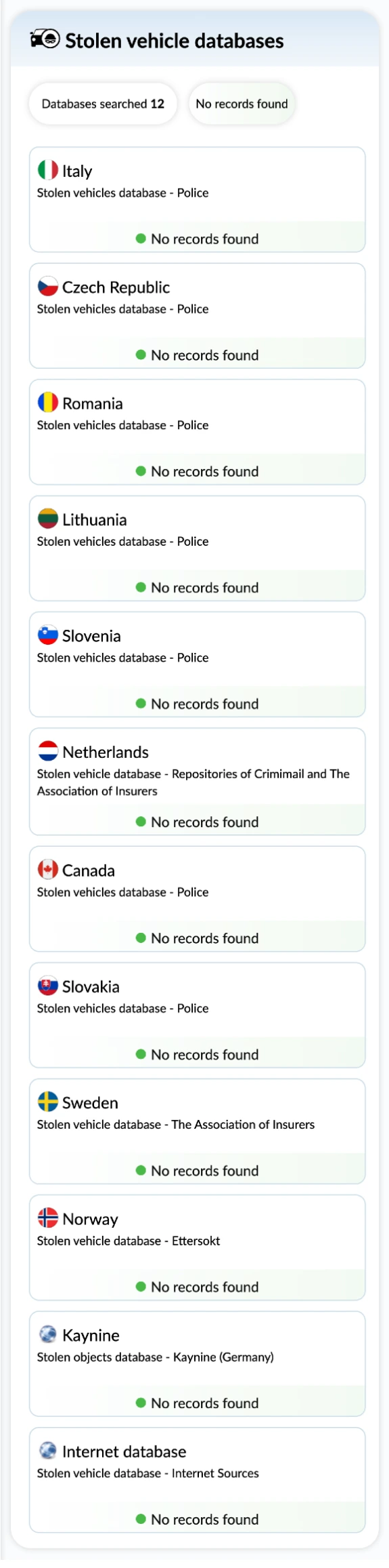 Zpráva o historii vozidla autoDNA - Databáze kradených vozidel