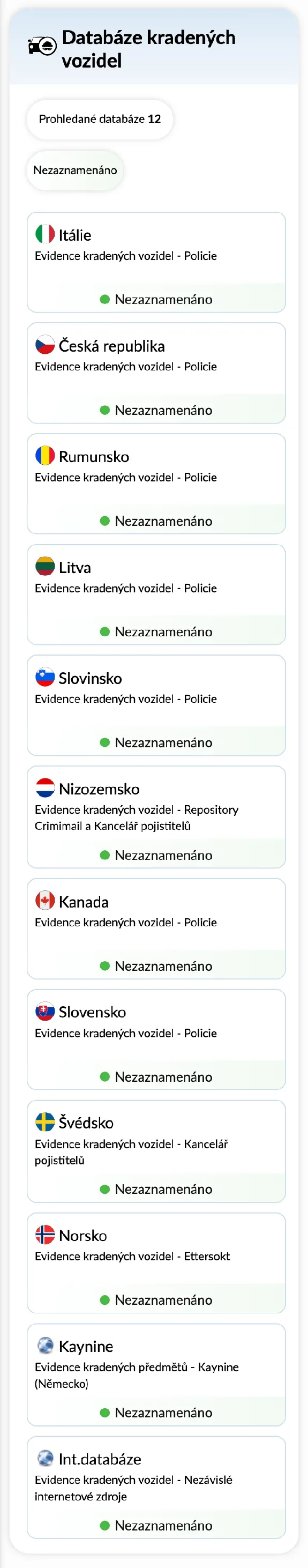 Zpráva o historii vozidla autoDNA - databáze odcizených vozidel