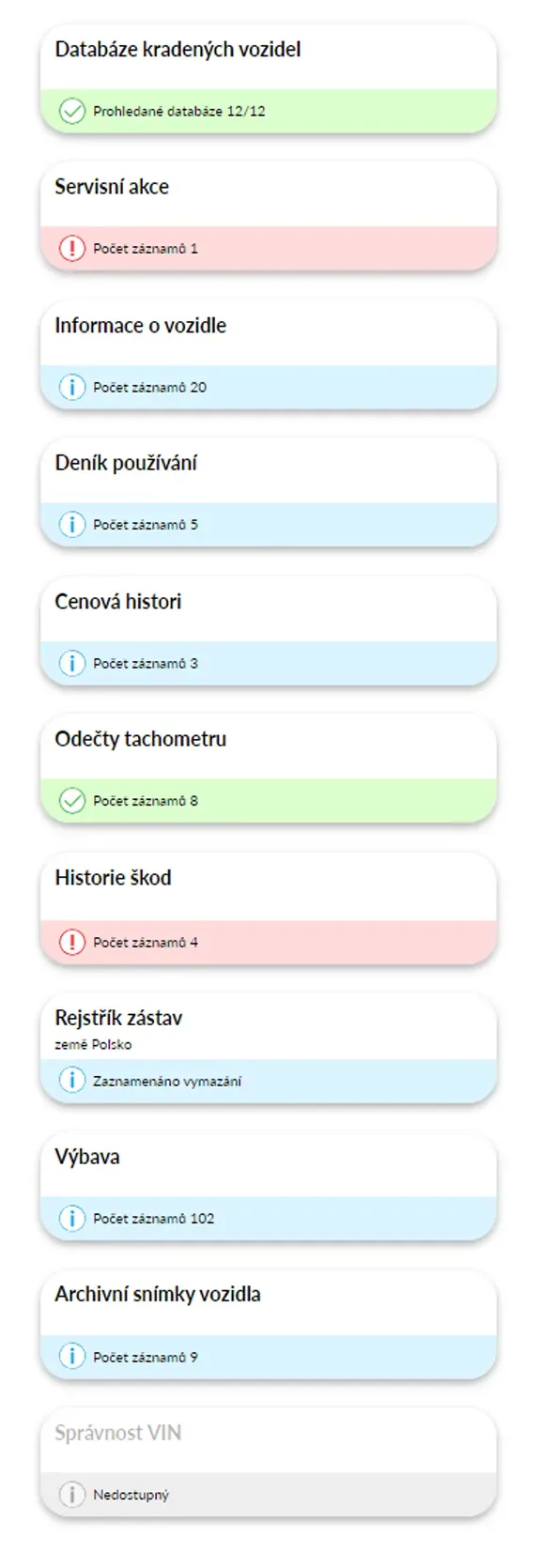 Zpráva o historii vozidla autoDNA - Centrum oznámení