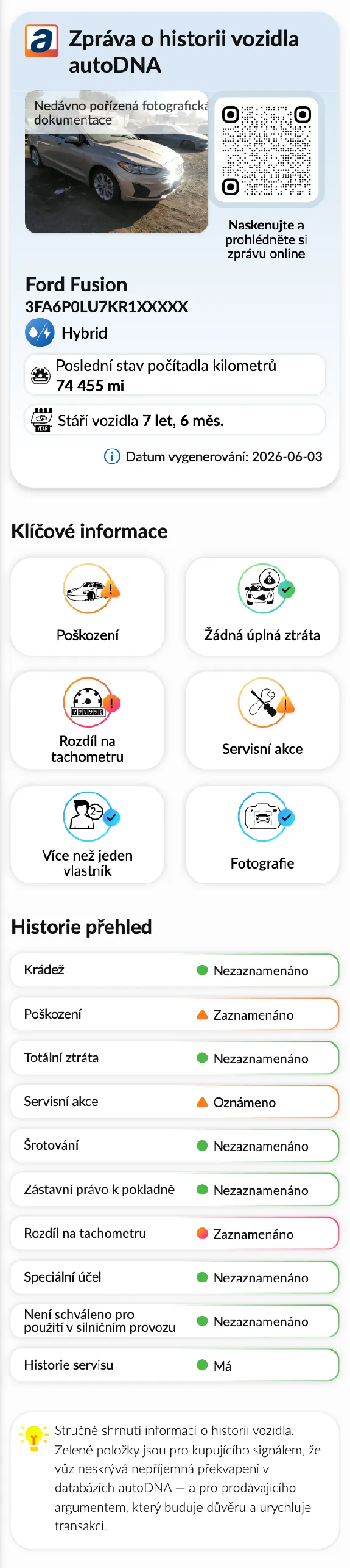 Zpráva o historii vozidla autoDNA - Úvodní informace